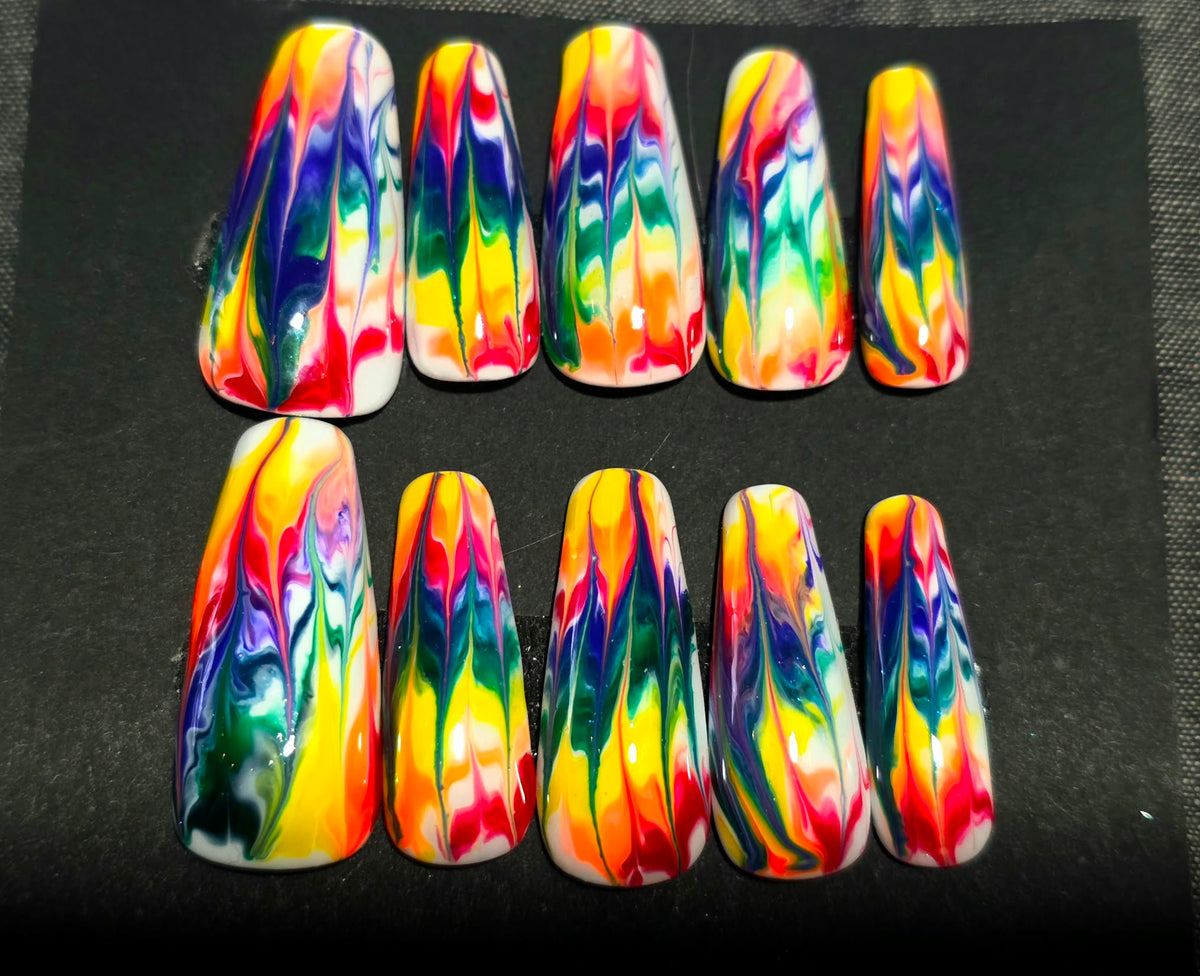Hand Painted Long Coffin Press On Nails - Size Large/X-Large