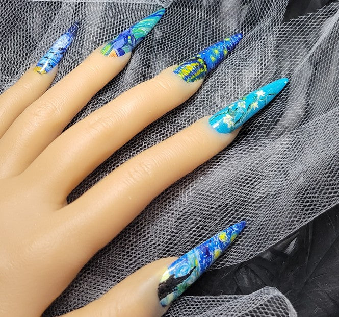 Hand Painted Van Gogh X-Long Stiletto Press On Nails - Size Large