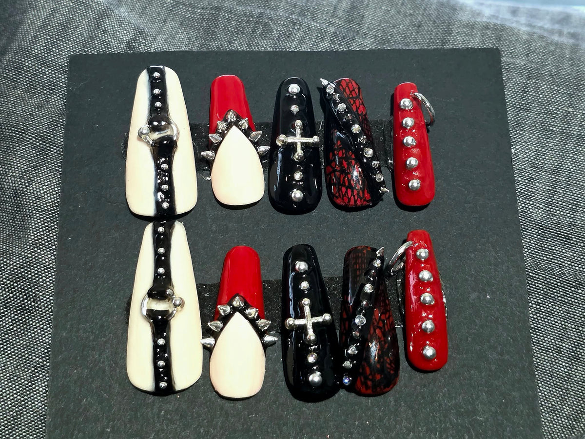 Hand Painted Long Coffin Press On Nails - Size Large