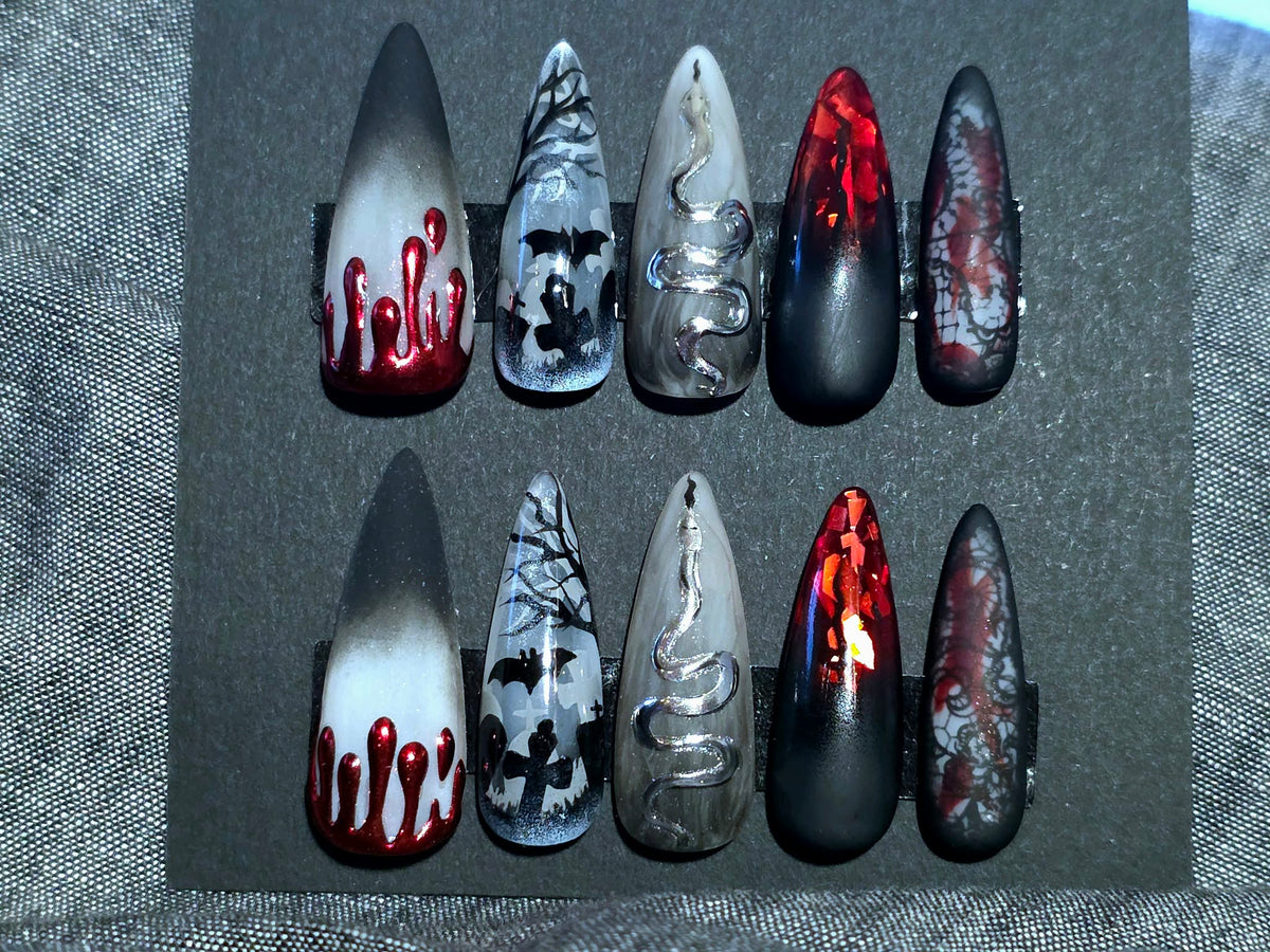 Hand Painted Long Stiletto Press On Nails - Size Medium
