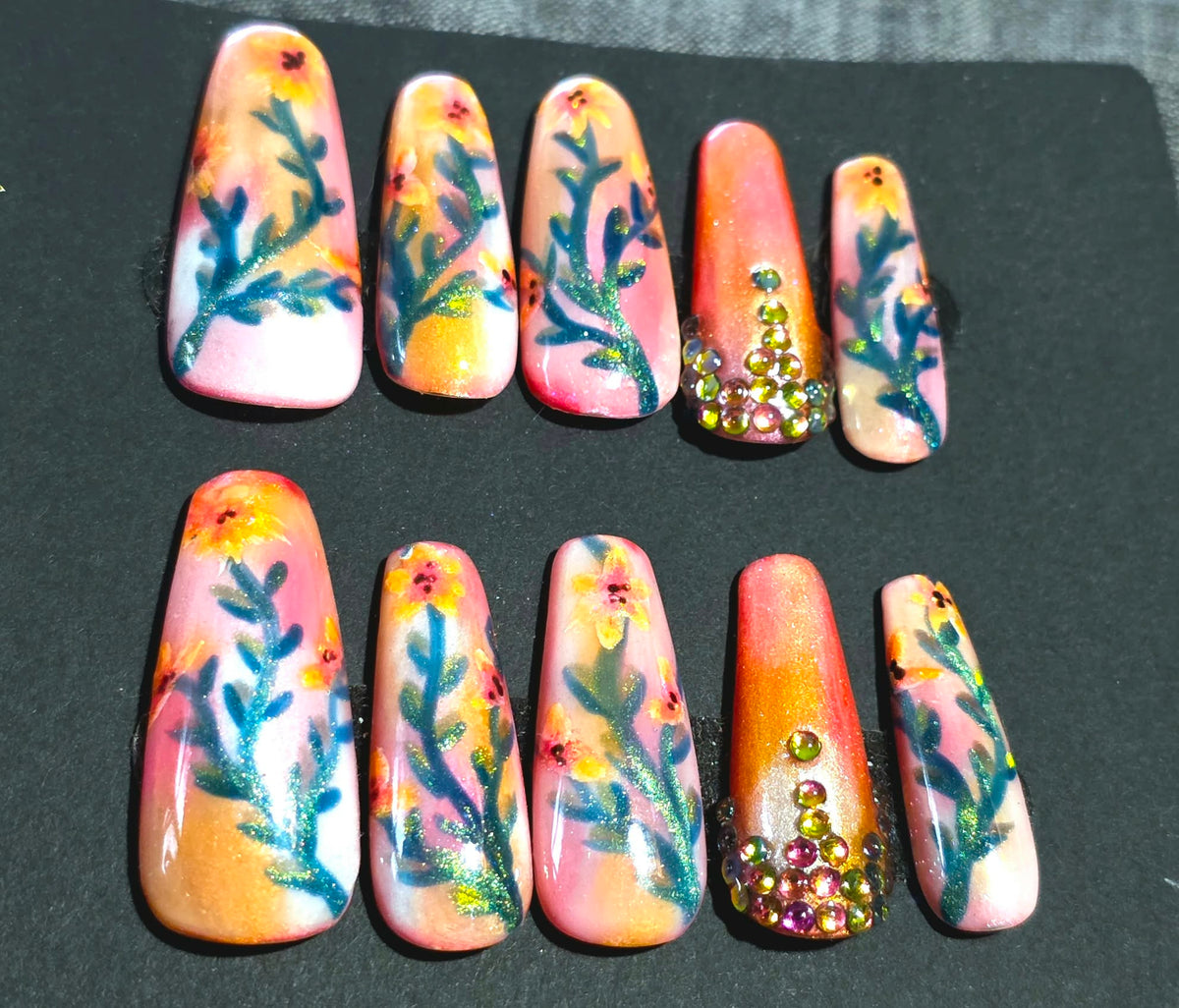 Hand Painted Long Coffin Press On Nails - Size Large