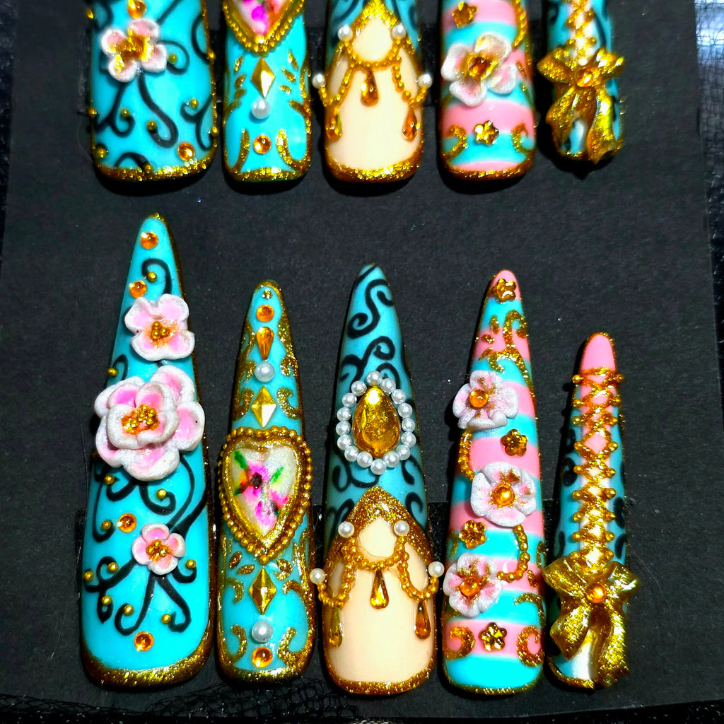 Hand Painted X-long Stiletto Press On Nails - Size Large