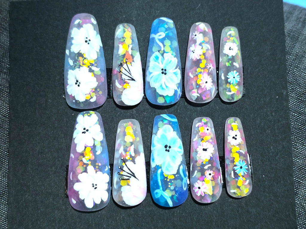 Hand Painted Long Coffin Press On Nails - Size Large