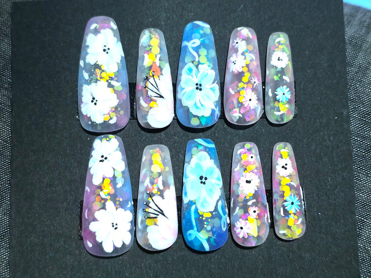 Hand Painted Long Coffin Press On Nails - Size Large