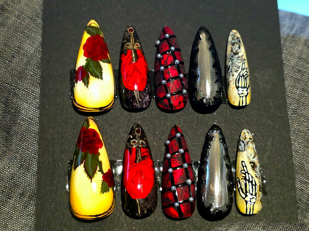 Hand Painted Long Stiletto Press On Nails - Size Large
