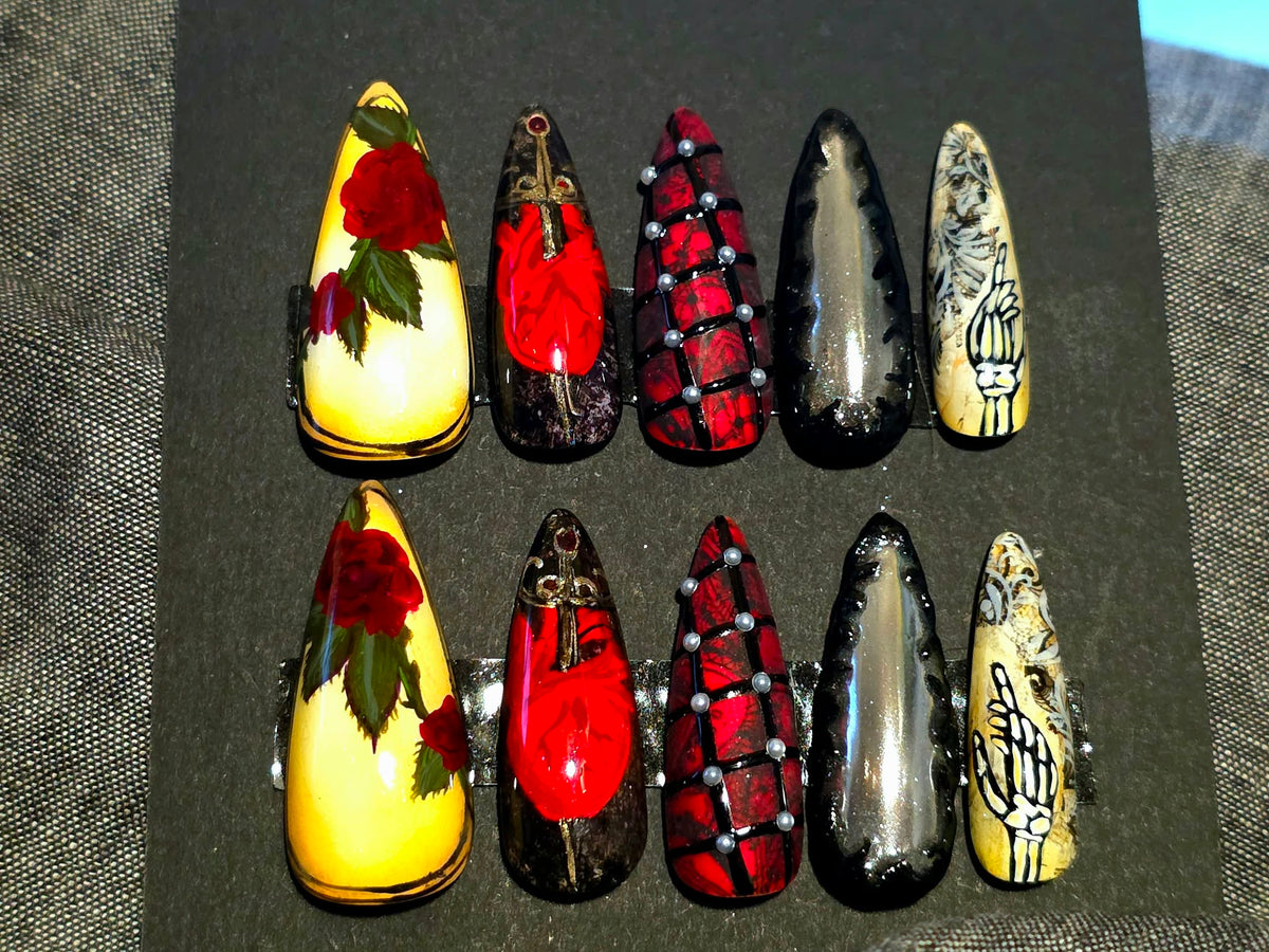 Hand Painted Long Stiletto Press On Nails - Size Large