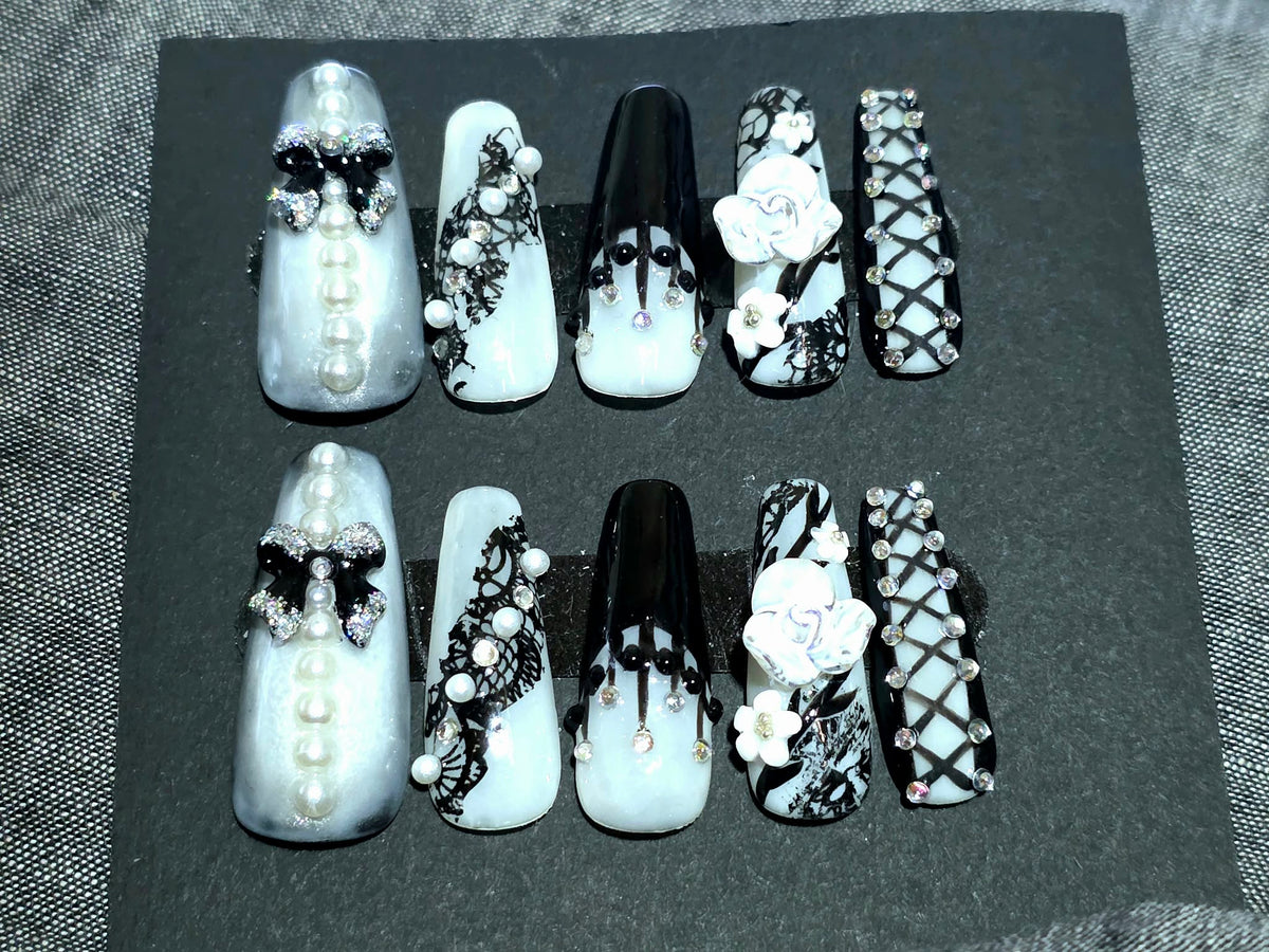 Hand Painted Coffin Long Press On Nail -Size Large