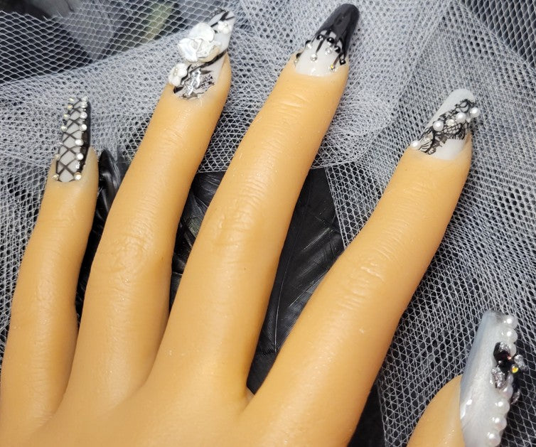 Hand Painted Coffin Long Press On Nail -Size Large