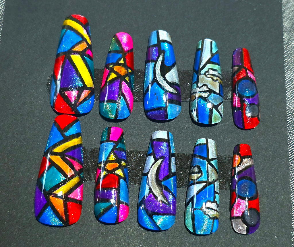Hand Painted Long Coffin Press On Nails - Size Large