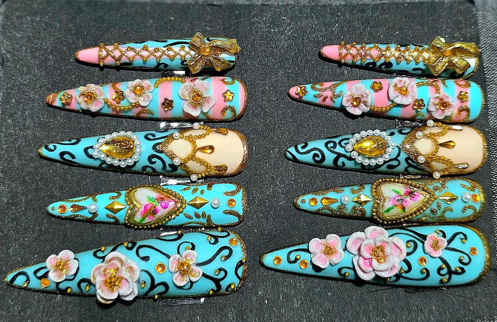 Hand Painted X-long Stiletto Press On Nails - Size Large