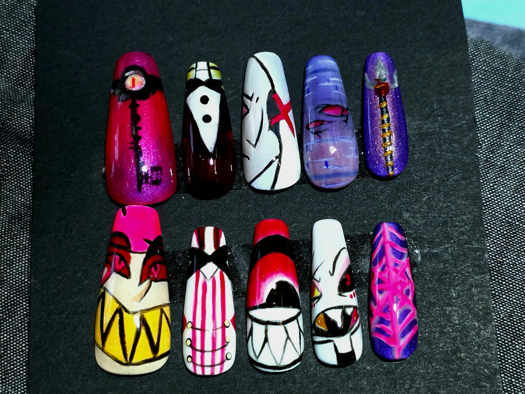 Hand Painted Long Coffin Press On Nails - Size Large