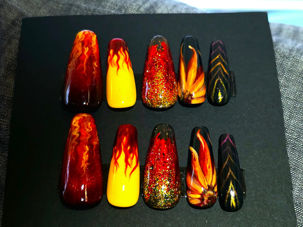 Hand Painted Long Coffin Press On Nails - Size Large